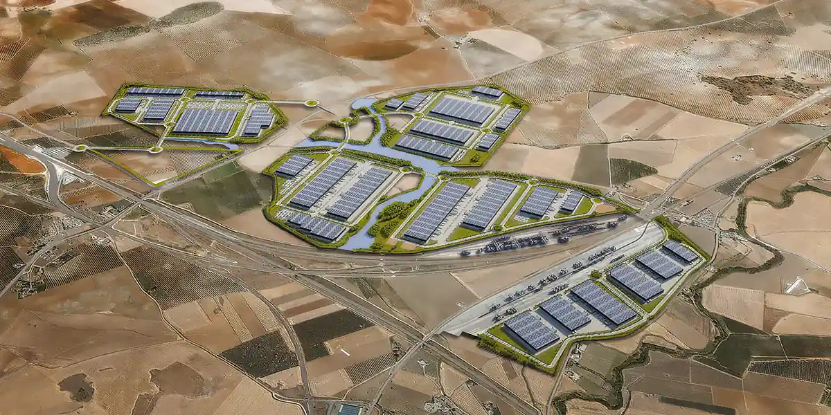 Aerial view of the Antequera Dry Port logistics complex in Malaga, financed by Cheyne Capital